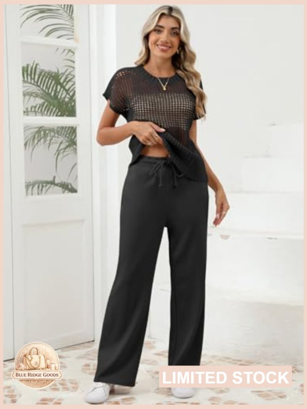 Crochet Sheer Knit Sweater Top Wide Leg Pants Lounge Set Casual Elegant - Picture 5 of 7
